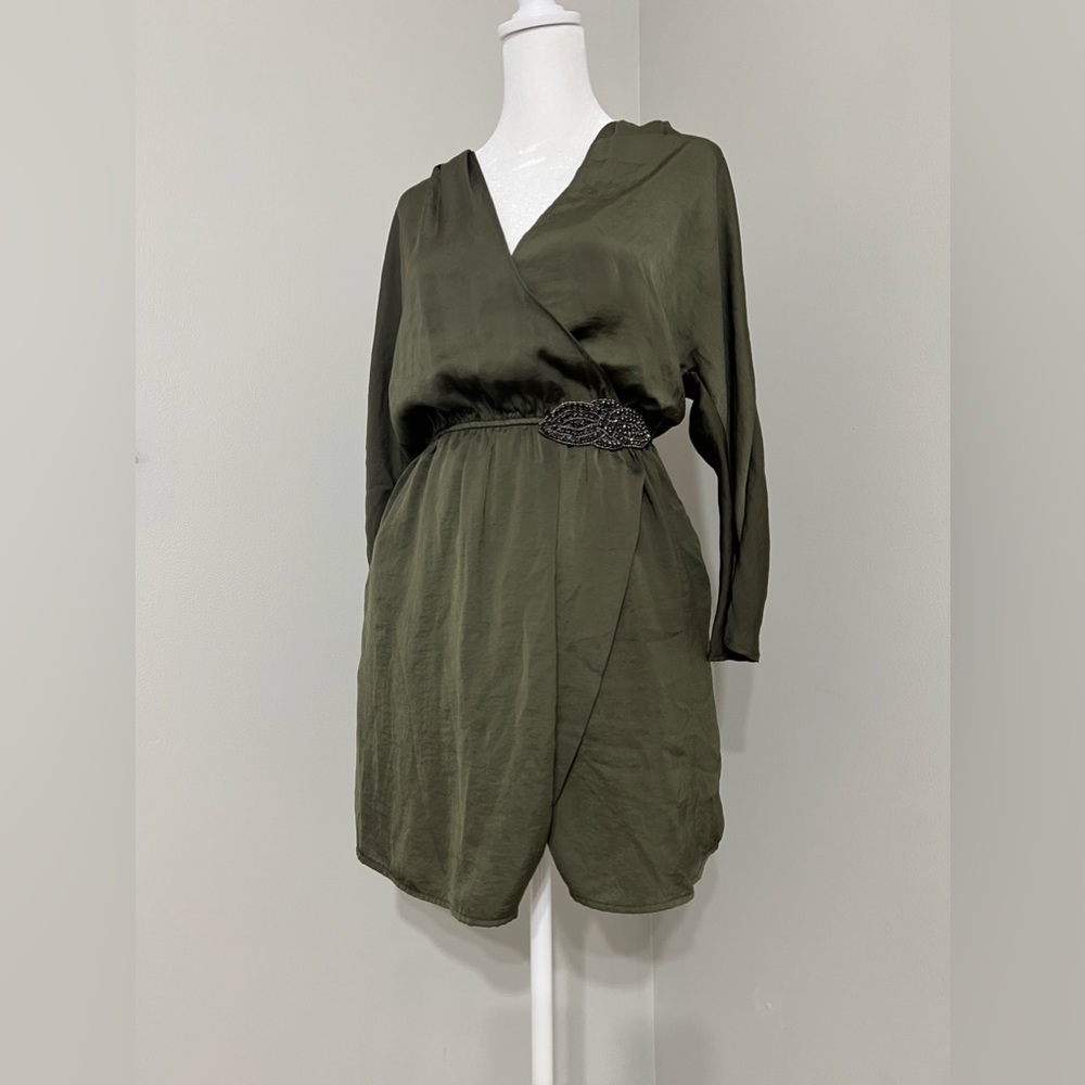 Zara Green Satin Long Sleeve Mini Dress Women’s Size XS